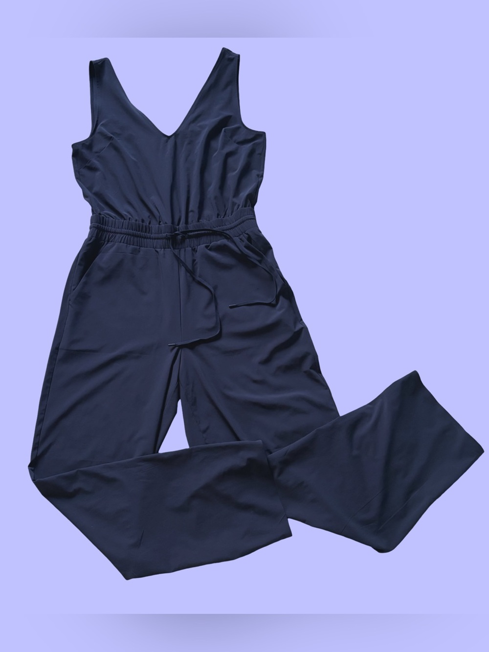 Athleta Navy Avenue V-Neck Drawstring-Waist Jumpsuit Navy Blue Lightweight